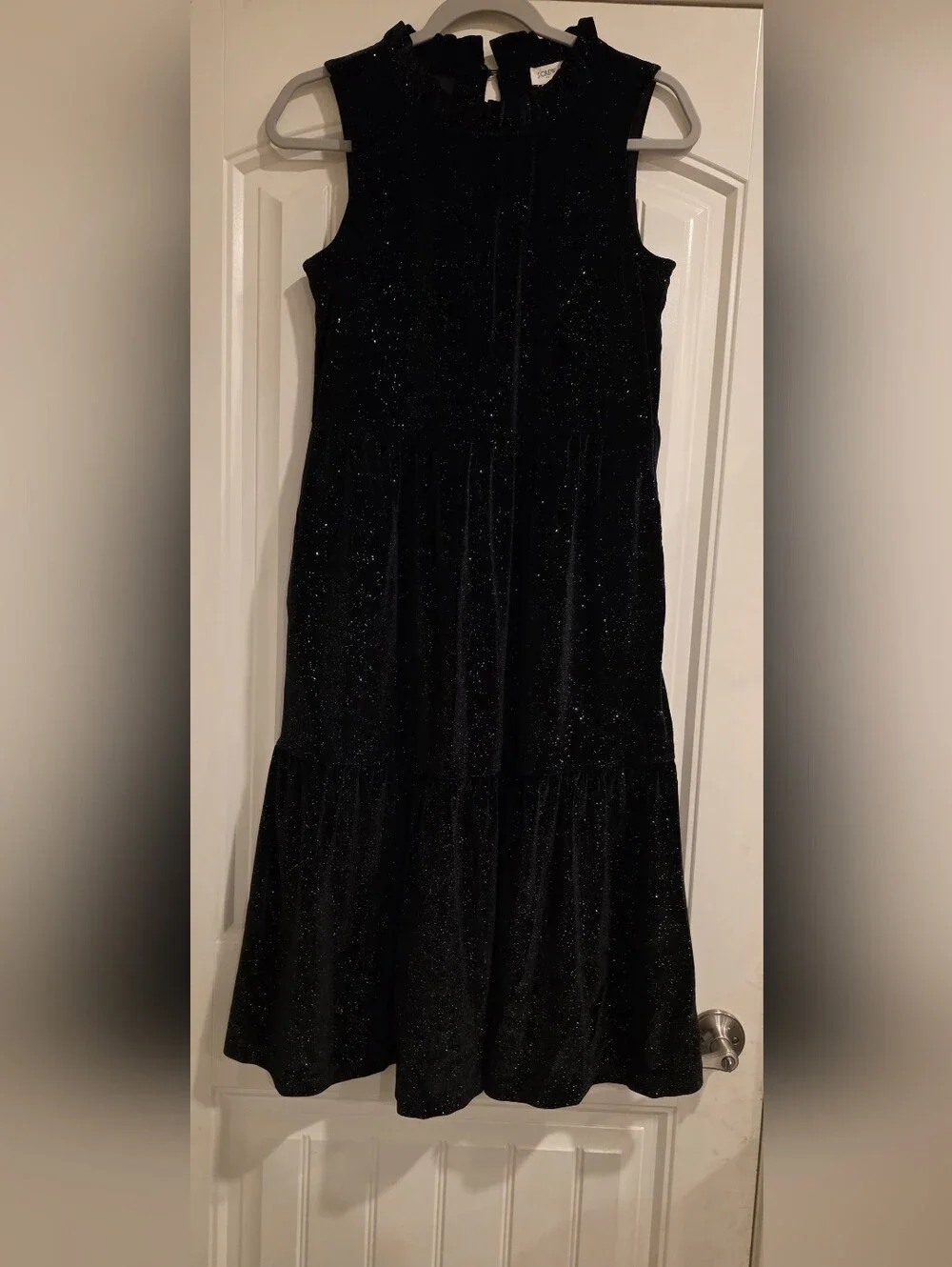 NWT J. Crew Tiered Velvet Midi Dress Women SZ4 Black Shimmer Ruffle Neck BV968